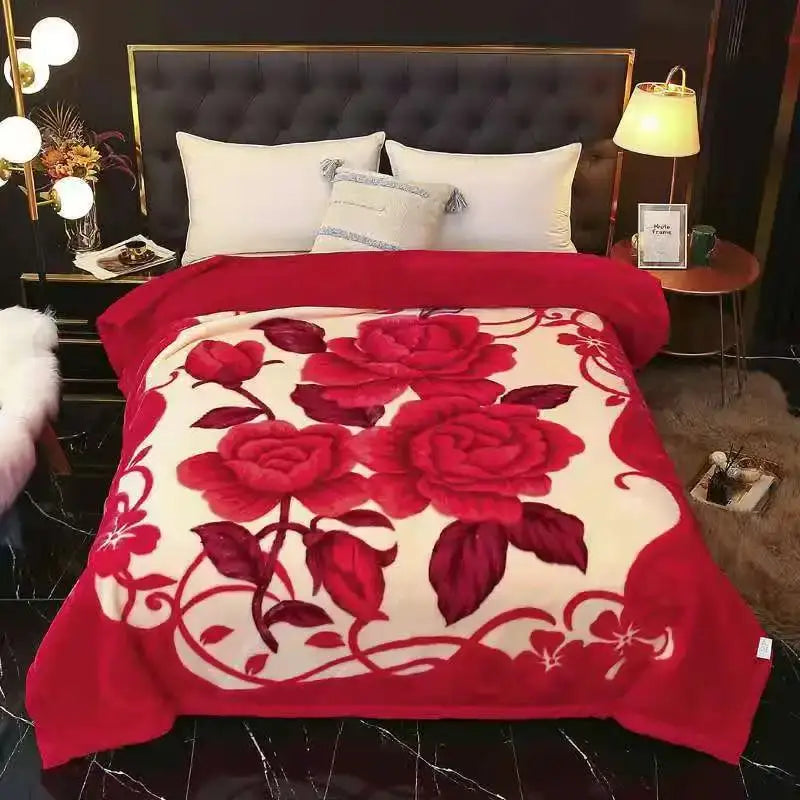 Vintage gray double layered raschel blanket with red and cream floral embroidered roses plush throw for bedroom use