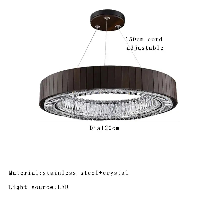 Modern circular pendant light with dark brown wooden slats and crystal accents in vintage gray glass large ceiling design