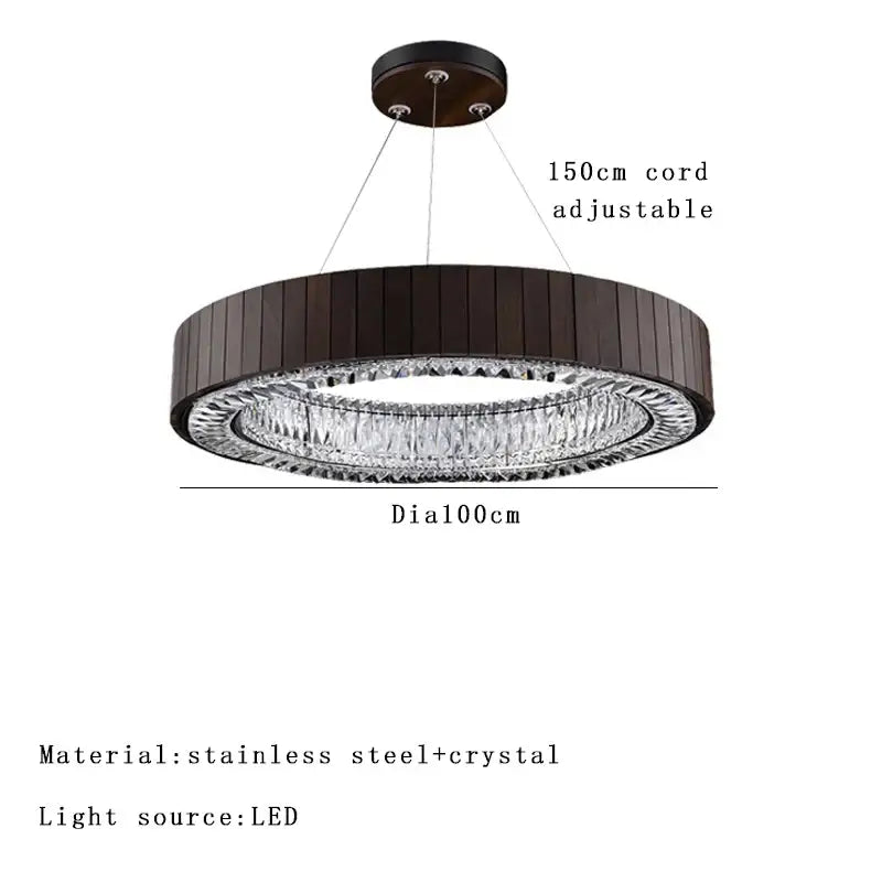 Modern pendant light with gray glass large design, dark wood stainless steel frame, and faceted crystal for stairwell lobby