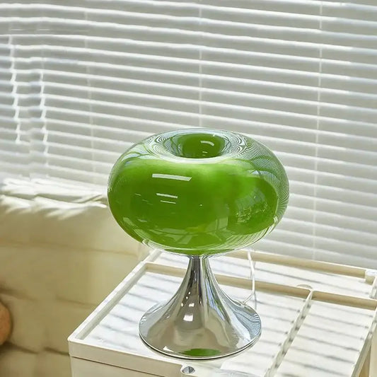 Vintage green and cream glass table lamp with vibrant green glass and sleek chrome base for bedroom decorbites cream glass