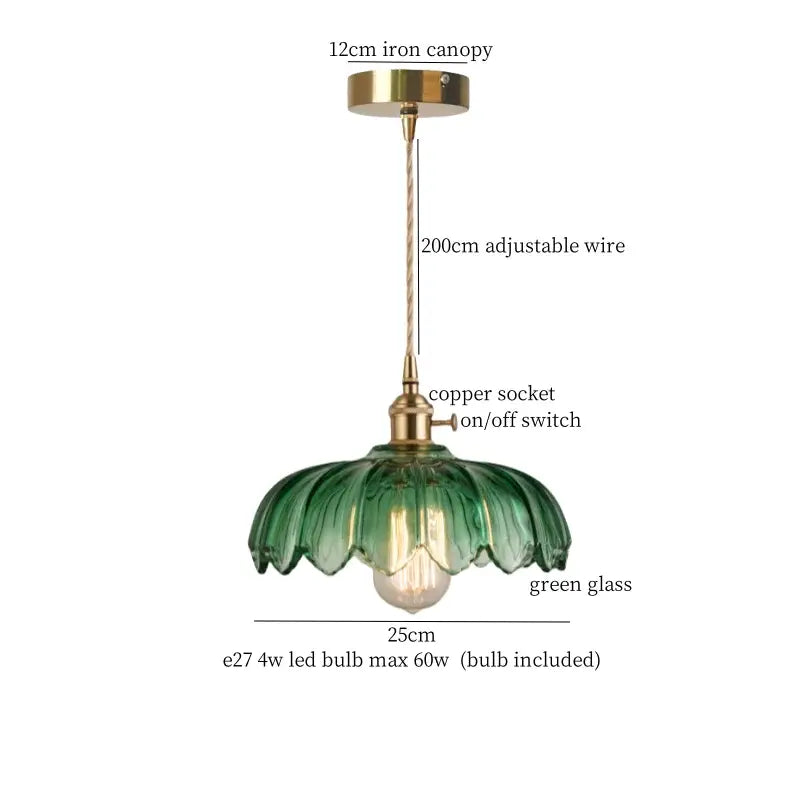 Vintage green brass glass led pendant light with copper socket and iron canopy for kitchen lighting