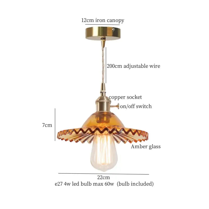 Vintage green brass glass led pendant light with amber glass, brass-finished iron canopy, and copper socket for kitchen