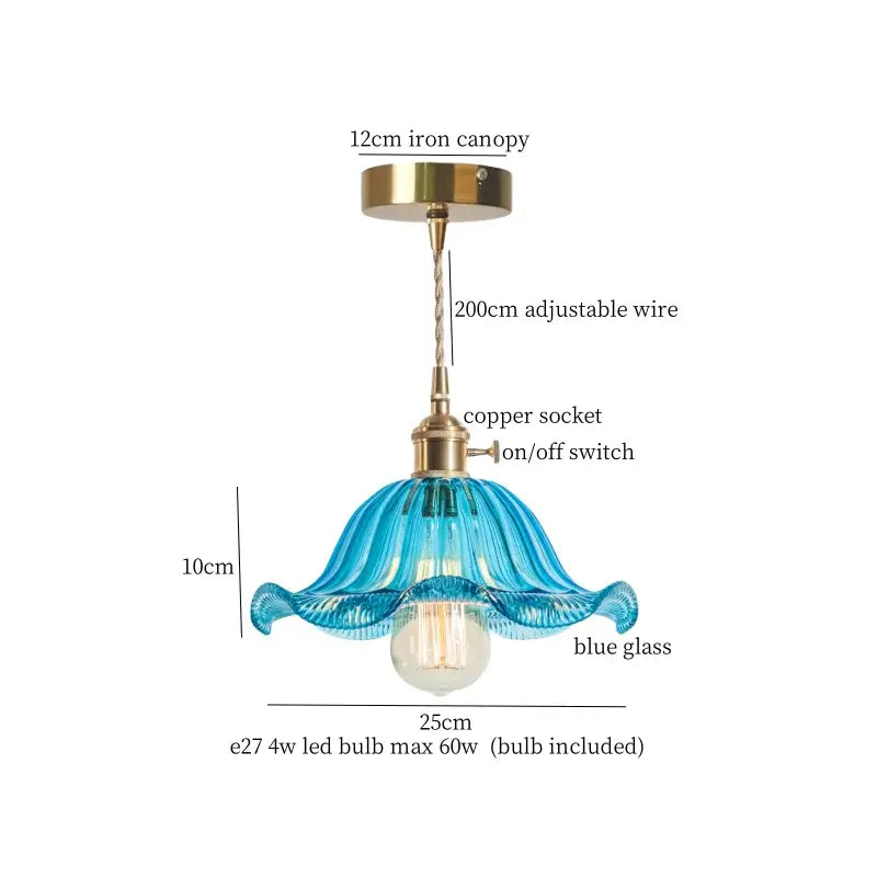 Delicate blue glass pendant light with fluted petal design and brass glass led components for vintage green brass decor