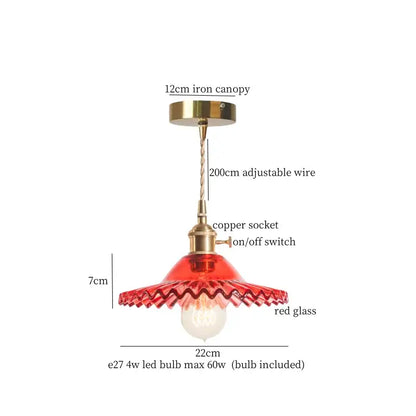 Red glass pendant light with brass iron canopy and copper socket complements vintage green brass glass led designs