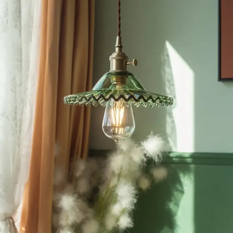 Vintage green brass glass led pendant light with scalloped wavy rim and brass-finished hardware for kitchen use