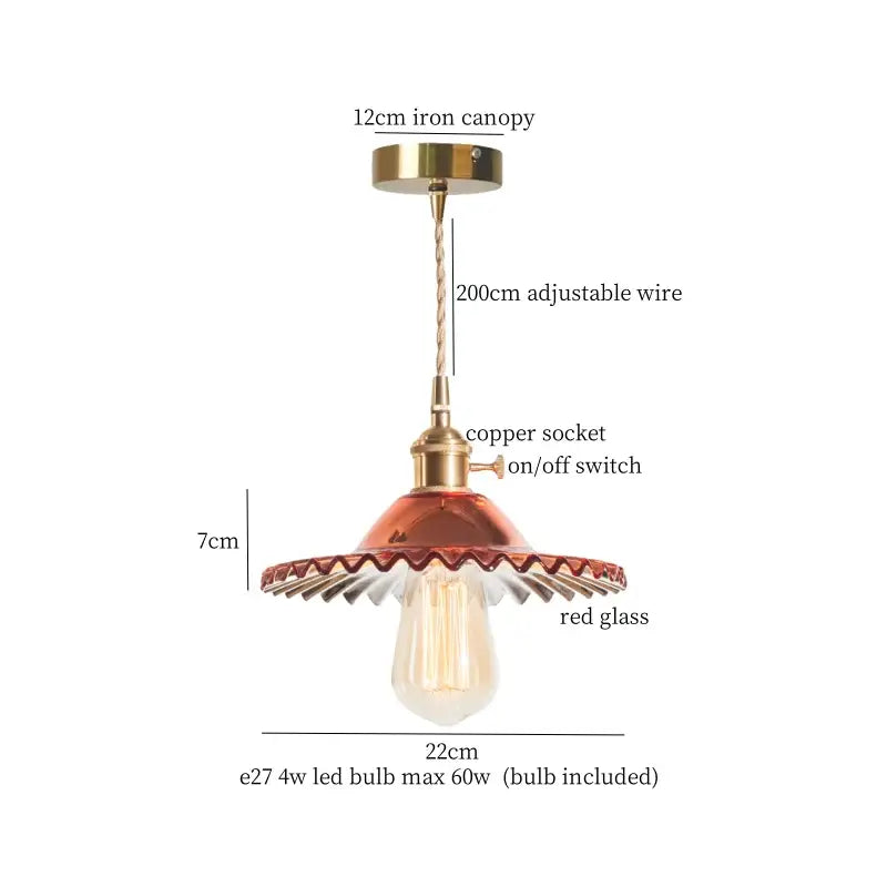Vintage green brass glass led pendant light with brass canopy and scalloped red glass shade for kitchen lighting