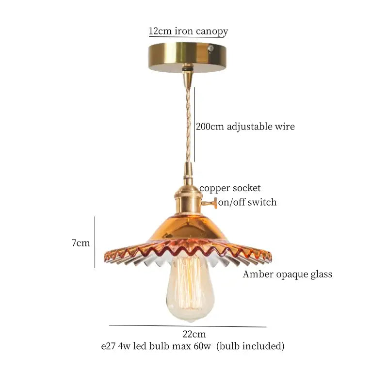 Vintage green brass glass led pendant light with brass-finished iron canopy and amber scalloped glass shade for kitchen