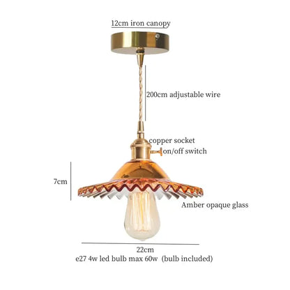 Vintage green brass glass led pendant light with brass-finished iron canopy and amber scalloped glass shade for kitchen