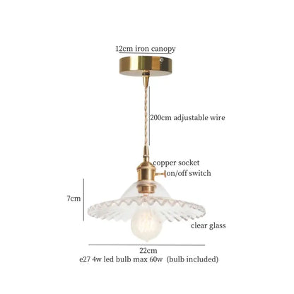 Vintage green brass glass led pendant light with brass-finished iron canopy and clear scalloped glass shade for kitchen