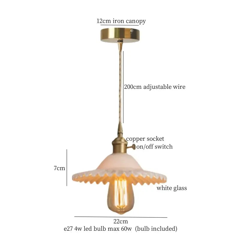 Vintage green brass glass led pendant light with brass-finished iron canopy, adjustable copper wire, and scalloped white shade