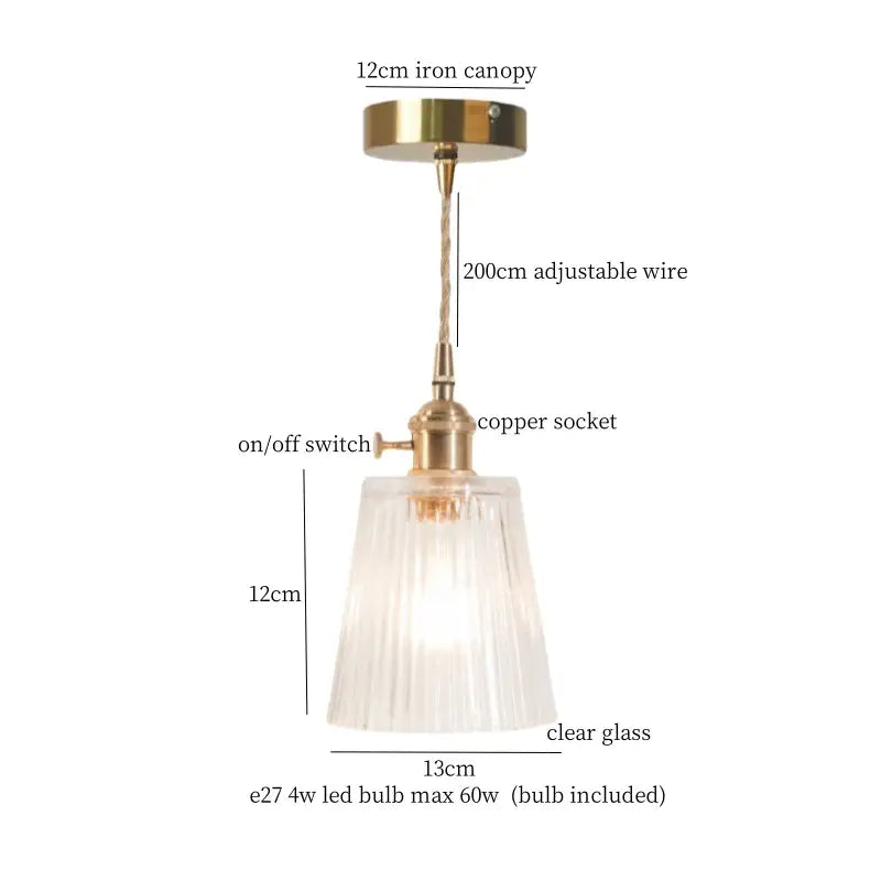 Vintage green brass glass led pendant light with brass-finished iron canopy and clear ridged glass shade for kitchen use