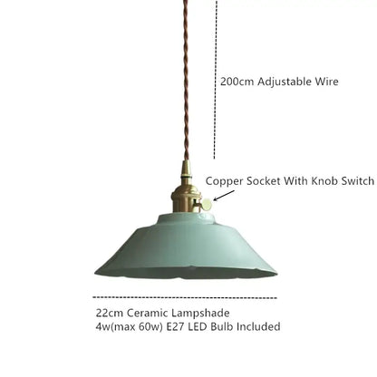 Vintage green ceramic pendant light with matte sage green ceramic shade and brass copper socket hanging kitchen lamp
