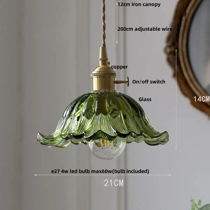 Vintage green glass led pendant light with copper-finished brass fixture and adjustable wire suspension for kitchen use