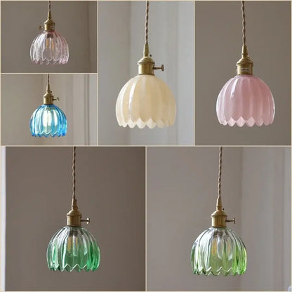 Vintage green led pendant light with pastel fluted glass and brass fixture for kitchen use