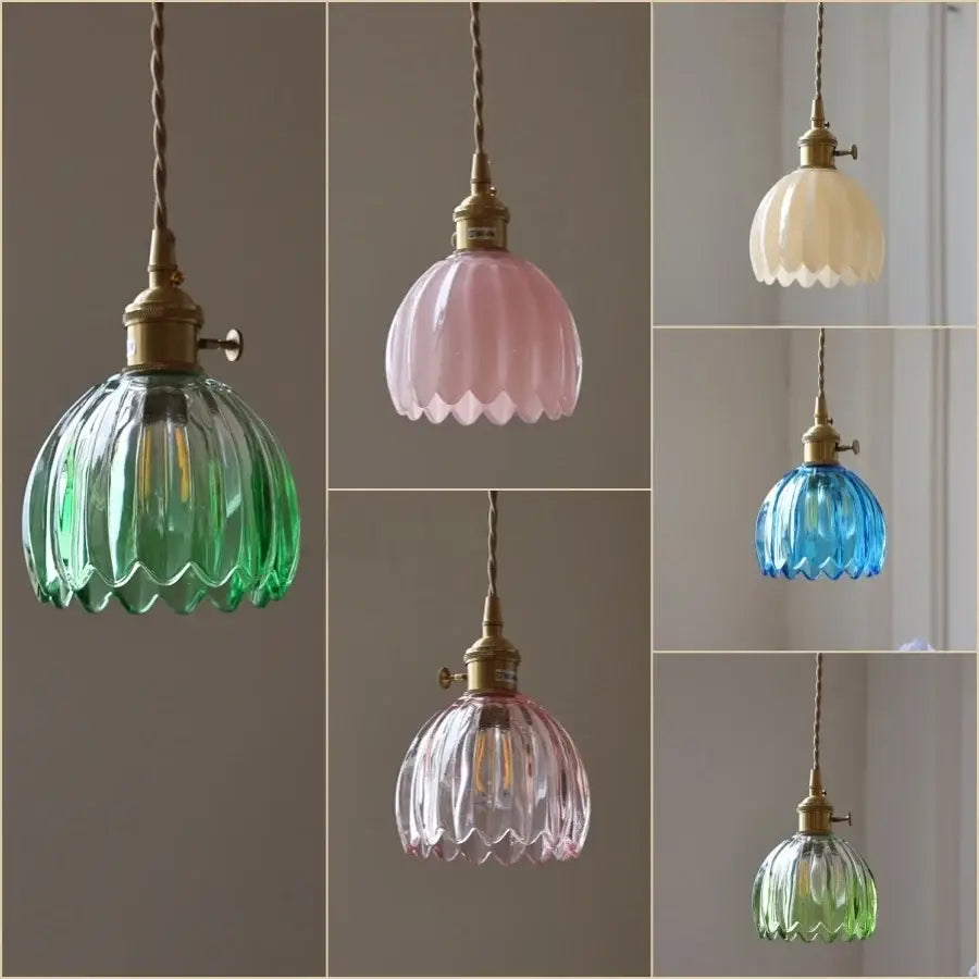 Vintage green led pendant light with pastel scalloped ribbed glass shades and brass fixtures for kitchen use