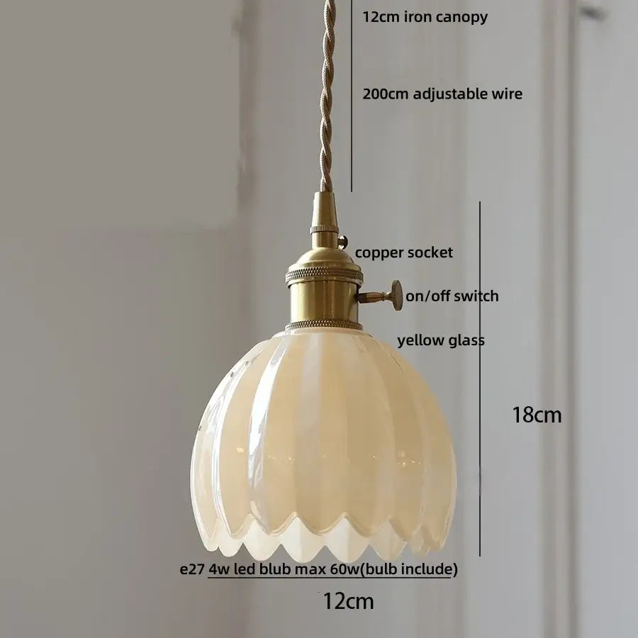 Vintage green glass led pendant light with brass fixture featuring an 18cm yellow fluted glass shade and copper socket