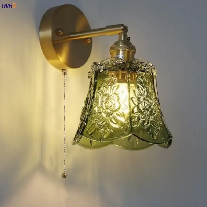 Vintage green glass led wall lights bedroom sconce with brass arm and olive-green embossed floral glass shade and pull chain