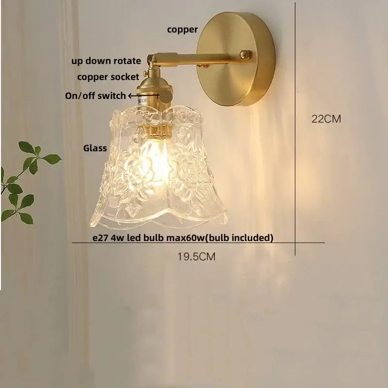 Vintage copper wall lights with ornate clear glass led floral etched shade and pull chain for bedroom use