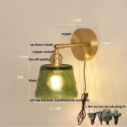 Vintage green glass led wall lights with textured glass and brass copper mount for bedroom sconce with pull chain
