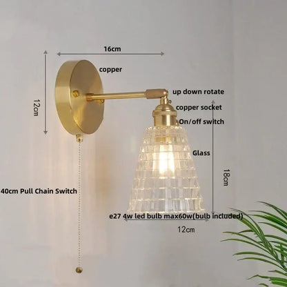 Vintage green glass led wall light with copper-finished textured glass shade and pull chain switch for bedroom sconce