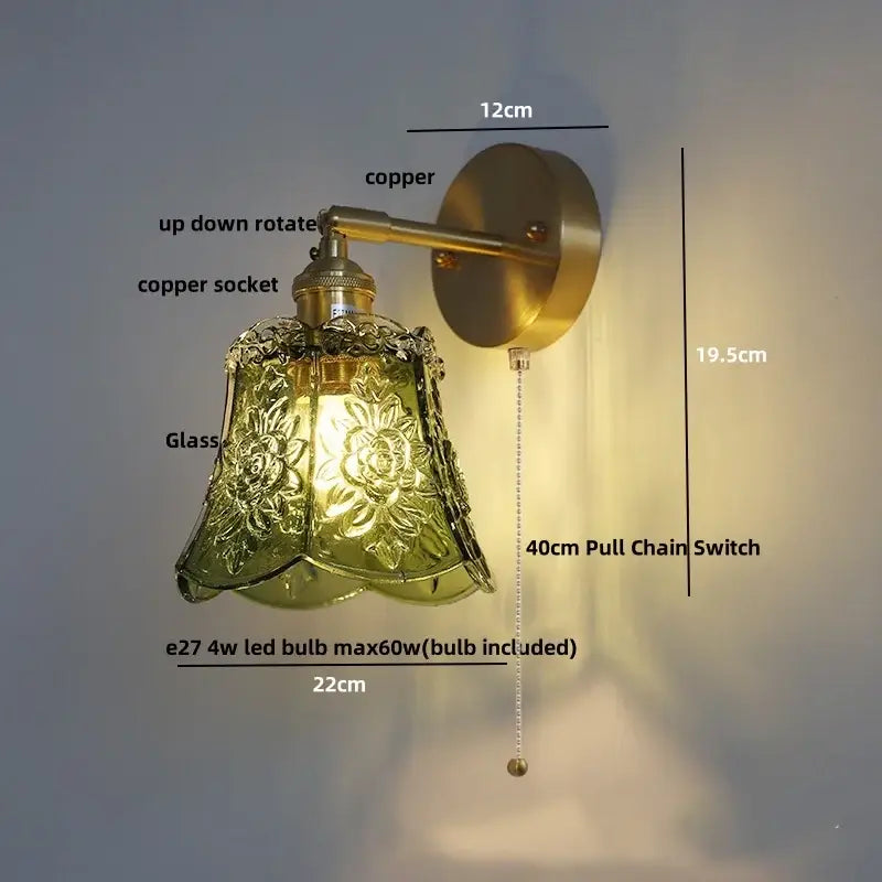 Vintage green glass led wall lights with ornate floral etched shade brass sconce and 40cm pull chain switch