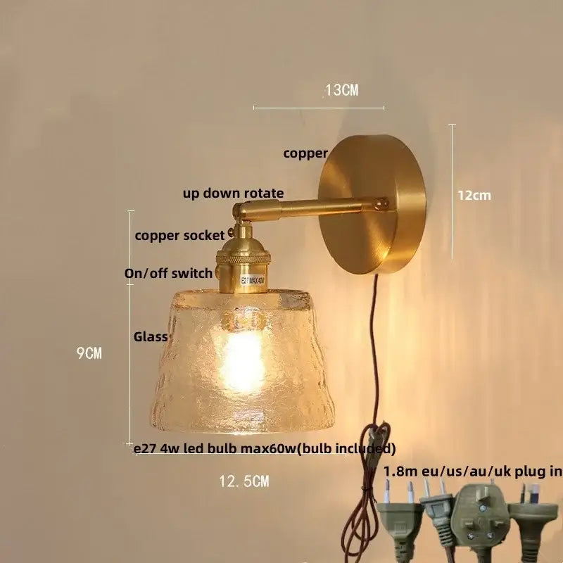 Vintage green glass led wall lights bedroom sconce with pull chain featuring brass sconce and textured amber glass shade
