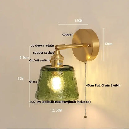 Vintage green glass led wall light with textured lampshade and brass copper sconce featuring pull chain switch