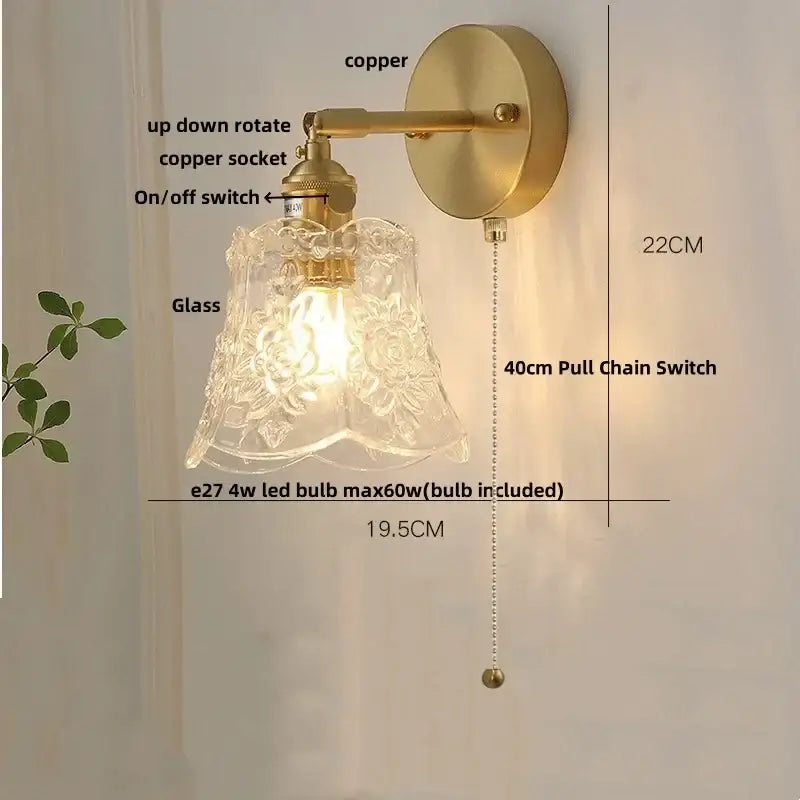 Antique brass-finished wall lights with clear etched glass and 40cm pull chain for vintage green glass led bedroom sconce