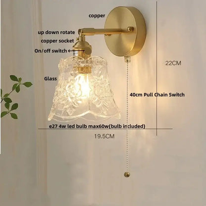 Antique brass-finished wall lights with clear etched glass and 40cm pull chain for vintage green glass led bedroom sconce