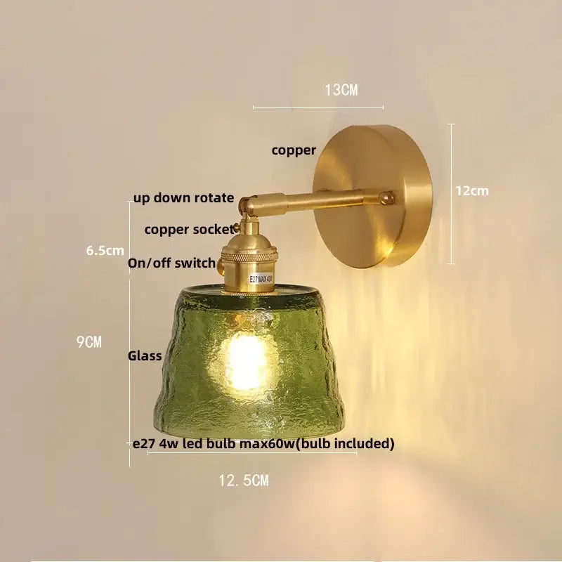 Vintage green glass led wall lights with textured glass lampshade and brass copper-finished bedroom sconce mount