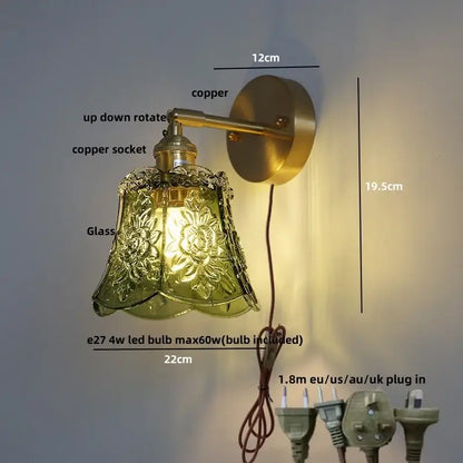 Vintage brass wall lights with green glass led ornate floral shade and pull chain for bedroom sconce lighting