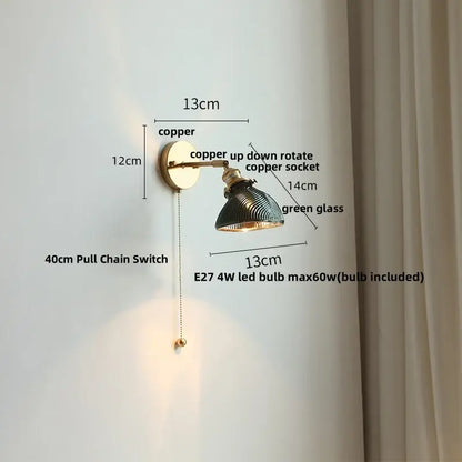 Vintage copper wall sconce with adjustable arm and green glass led shade for bedroom or stair lighting