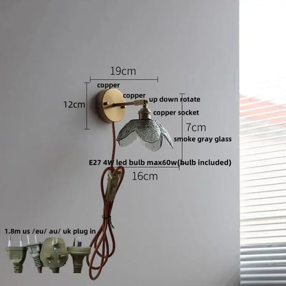 Copper wall sconce with smoke gray glass shade and e27 led bulb for vintage green glass led wall lighting