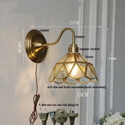 Antique brass copper wall sconce with faceted glass shade for vintage green glass led glass led wall stair light
