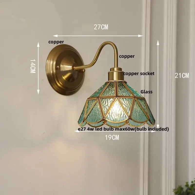Vintage wall sconce with antique brass finish and green glass led teal stained glass shade in geometric design