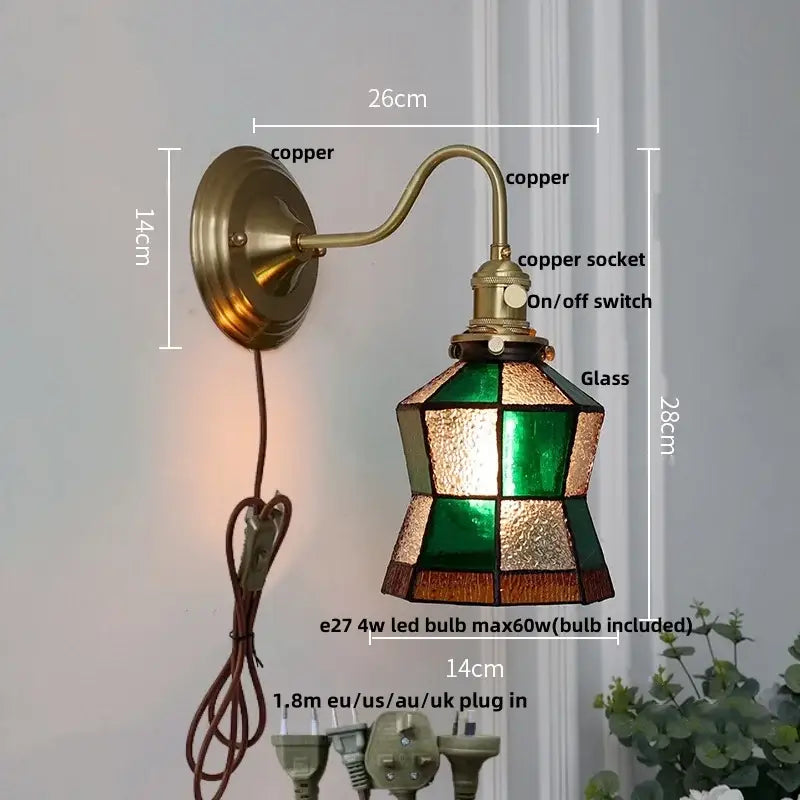 Antique-style copper wall sconce with green glass led stained glass shade and brass star design for stair lighting