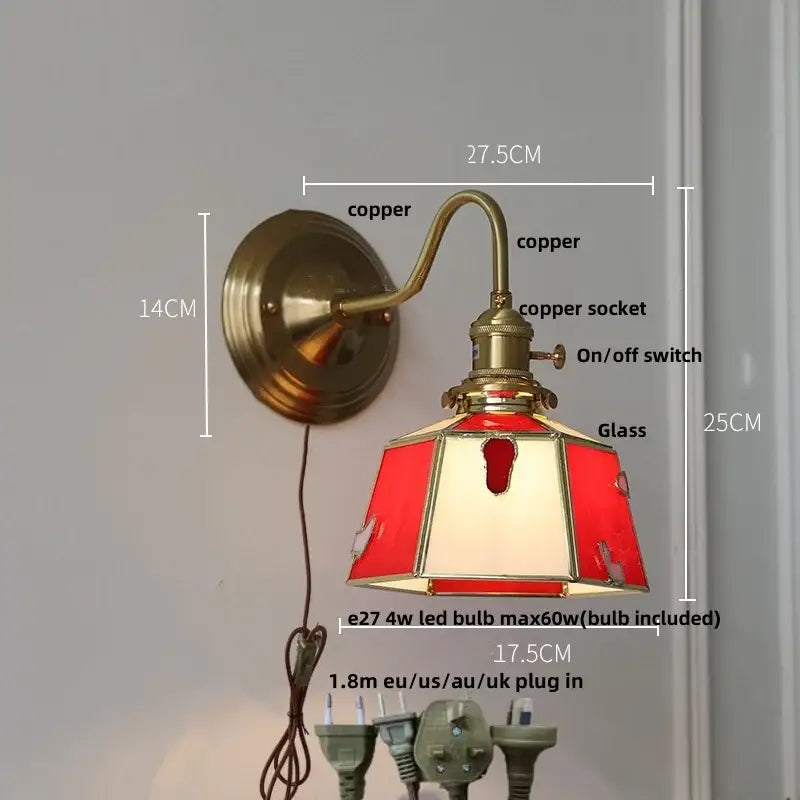 Vintage-style copper wall sconce with red and cream stained glass shade for green glass led glass led wall use