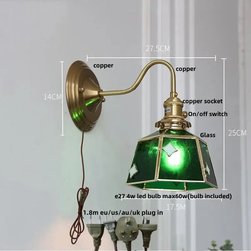Vintage green glass led wall sconce with brass star design and copper frame featuring diamond cutouts