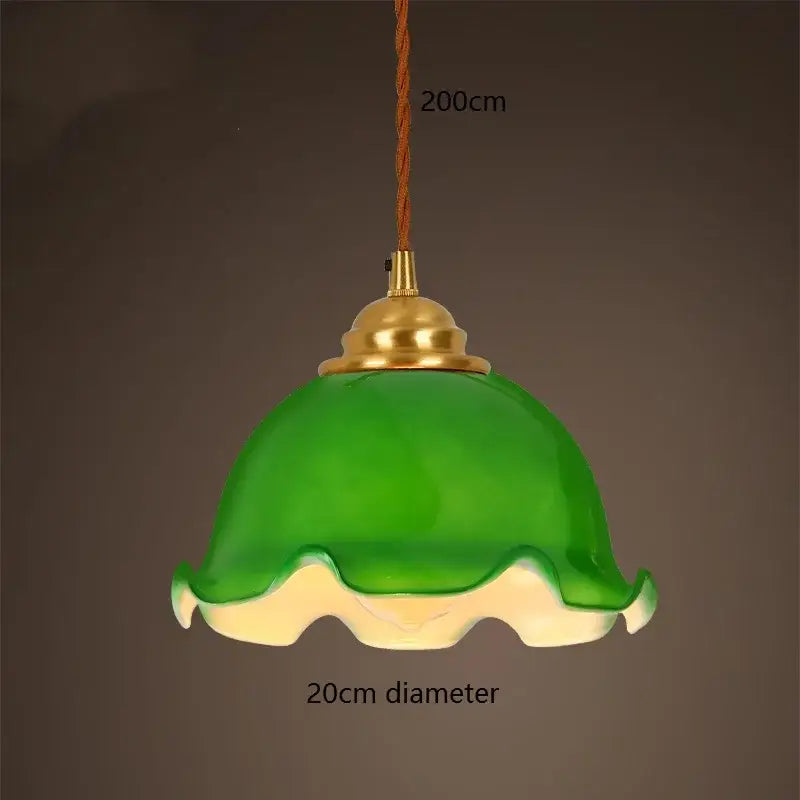 Vintage green glass pendant lamp with brass hardware and braided cord ideal as an edison vintage pendant lamp