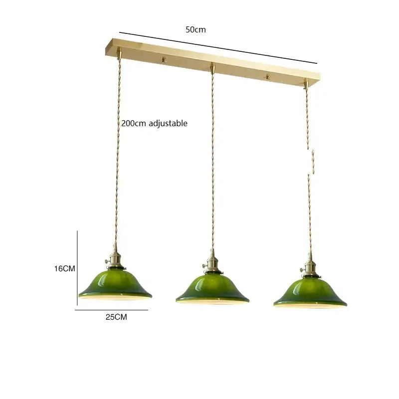 Set of three vintage pendant lamp green glass shades with brass hardware and adjustable chains for kitchen lighting