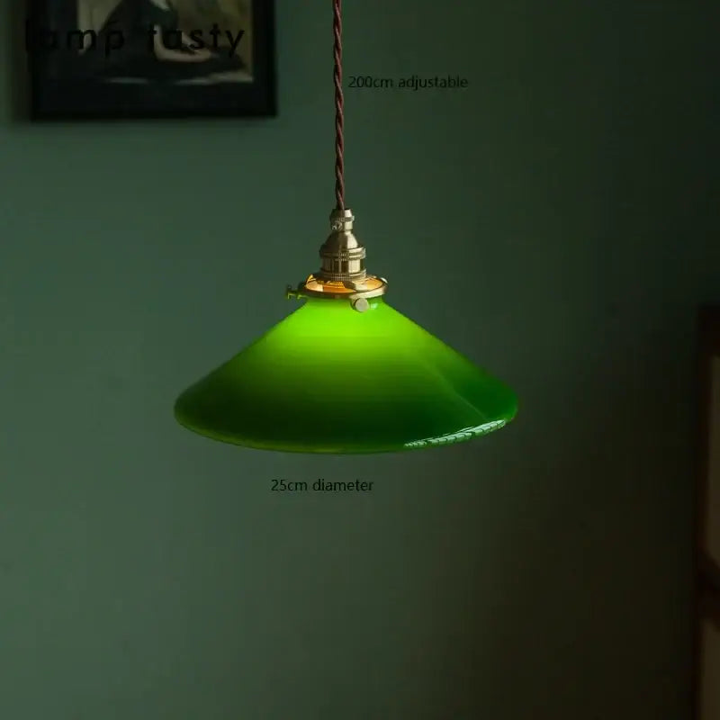 Vintage green glass pendant lamp with brass hardware 25cm diameter and adjustable 200cm cord ideal for kitchen lighting