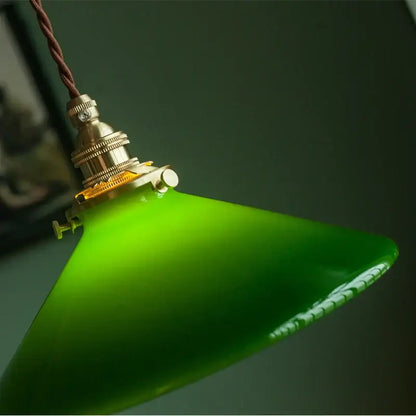 Vintage green glass pendant lamp with brass hardware and braided cord ideal as an edison vintage pendant lamp