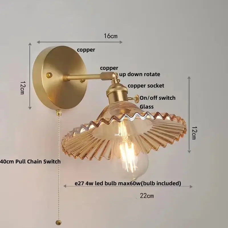 Vintage green glass wall light with copper scalloped shade and pull chain switch for bedroom sconce lighting
