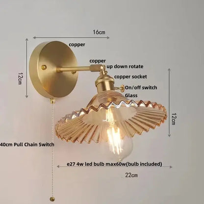 Vintage green glass wall light with copper scalloped shade and pull chain switch for bedroom sconce lighting