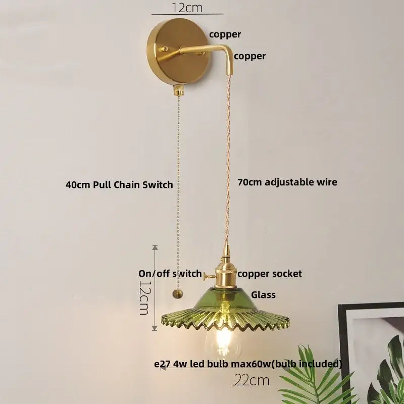 Vintage green glass wall light with copper sconce featuring pull chain switch and adjustable 70cm wire wall light
