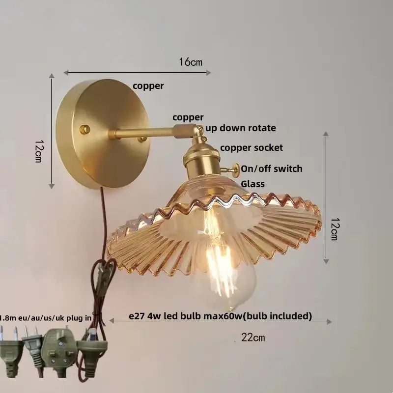 Vintage green glass wall light with pull chain switch and scalloped glass shade in brass copper finish bedroom sconce