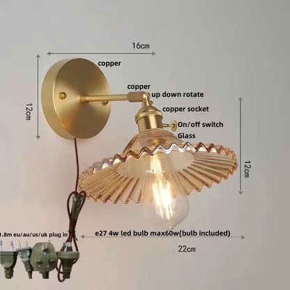 Vintage green glass wall light with pull chain switch and scalloped glass shade in brass copper finish bedroom sconce