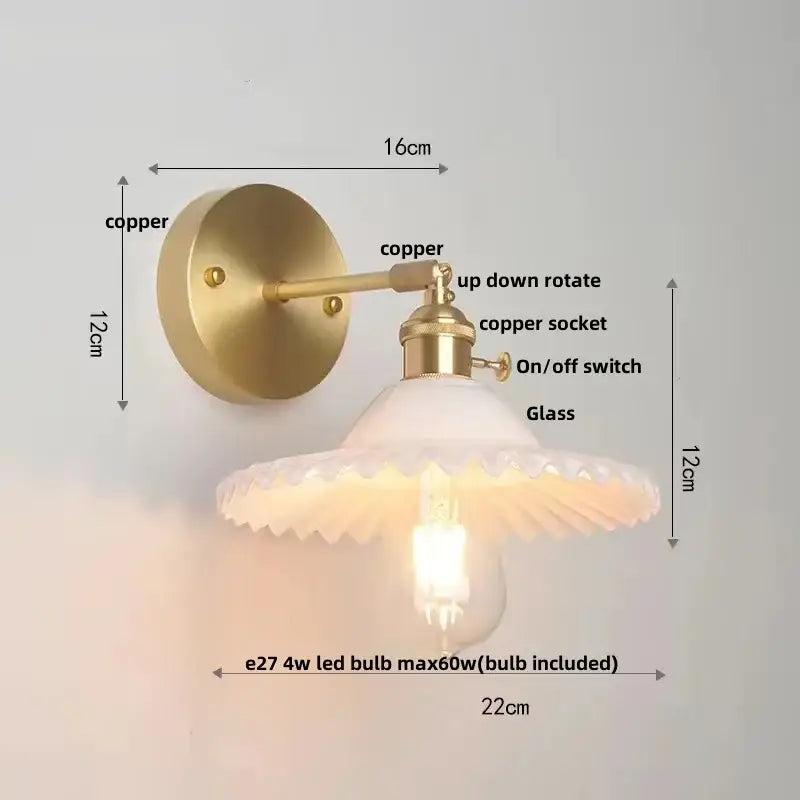 Vintage green glass wall light with copper sconce and pull chain switch featuring fluted glass shade and led bulb