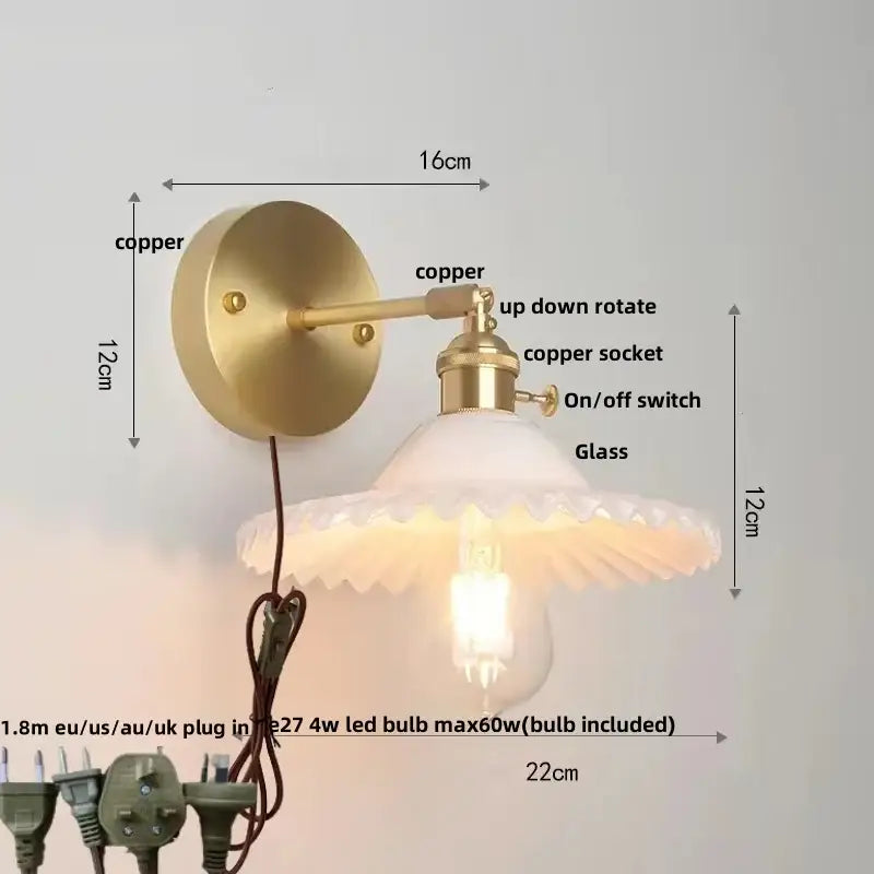 Vintage green glass wall light with brass finish fluted shade and pull chain switch for bedroom sconce wall light