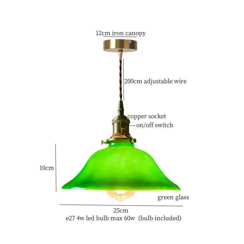 Vintage green lotus led pendant light with green glass shade brass iron canopy and copper socket for dining room